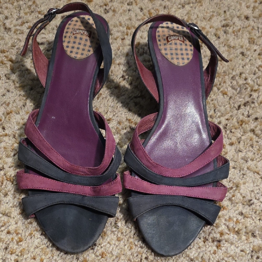 Camper Two-Tone Black and Plum Strappy Sandals